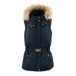 Fairfax & Favor Charlotte puffer vest in navy blue w faux fur trimmed hood UK 10